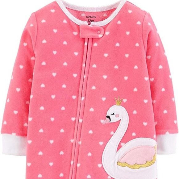 CARTER'S Baby Pink Fleece Swan One Piece Zip Up Footed Pj's - Picture 2 of 5